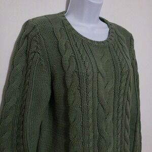 LL‎ Bean Cable Knit Sweater Womens S Petite Green Cotton Long Sleeve